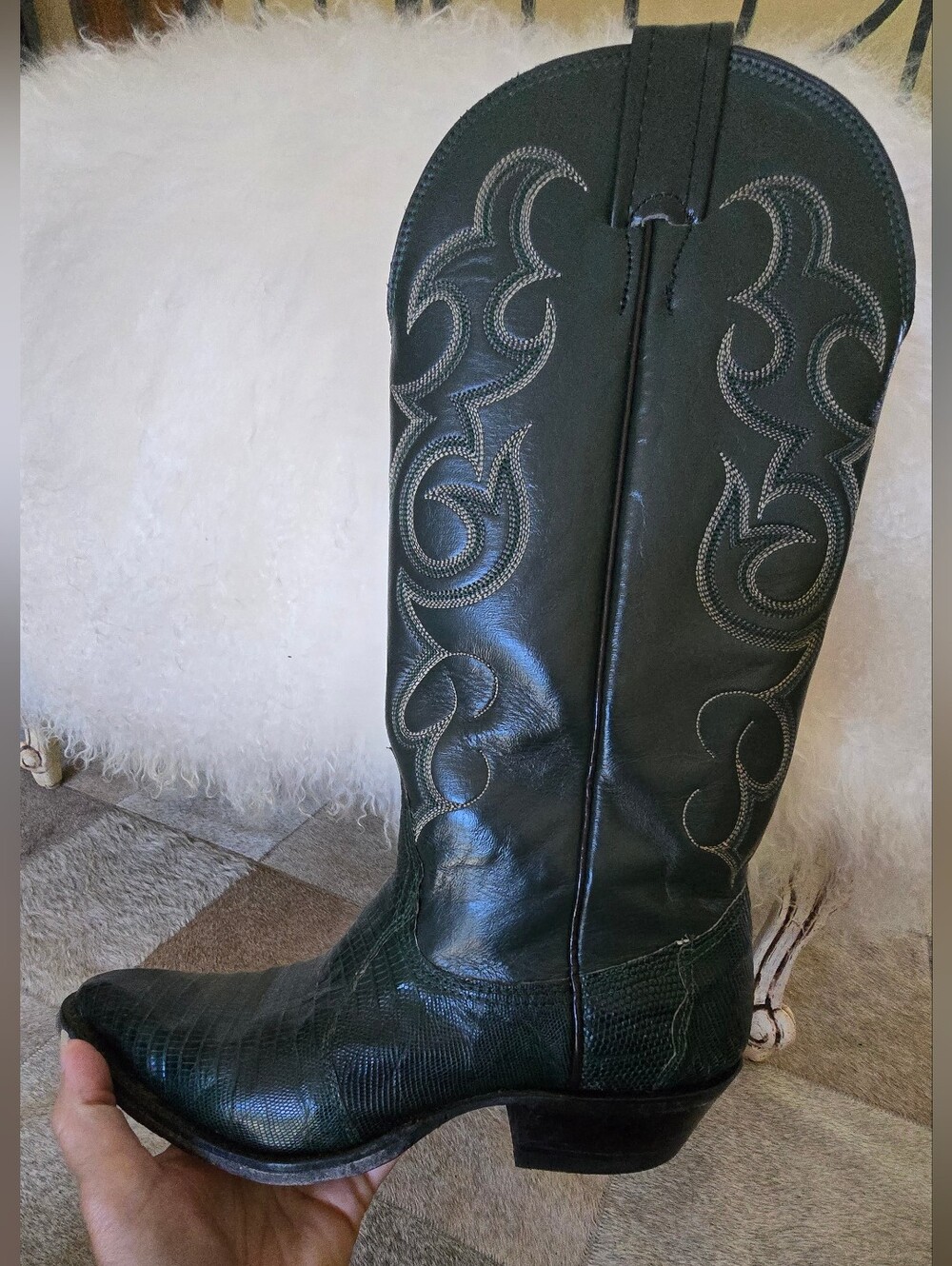 Loveworn Vintage Deep Forest Green Lizard and Leather Boot 5.5 B. Made In USA